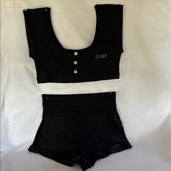 Jump Pants - VINTAGE 1980’s BRAZILIAN BRAND “JUMP” BLACK CROP TOP & SHORTS SET SIZE 8